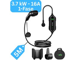 Mobiele Thuislader 3,7 kW set met ophangmateriaal en tas - IP67 Waterdicht - Type 2 vanaf stopcontact EU - 8A-16A - 1 Fase - 5 meter