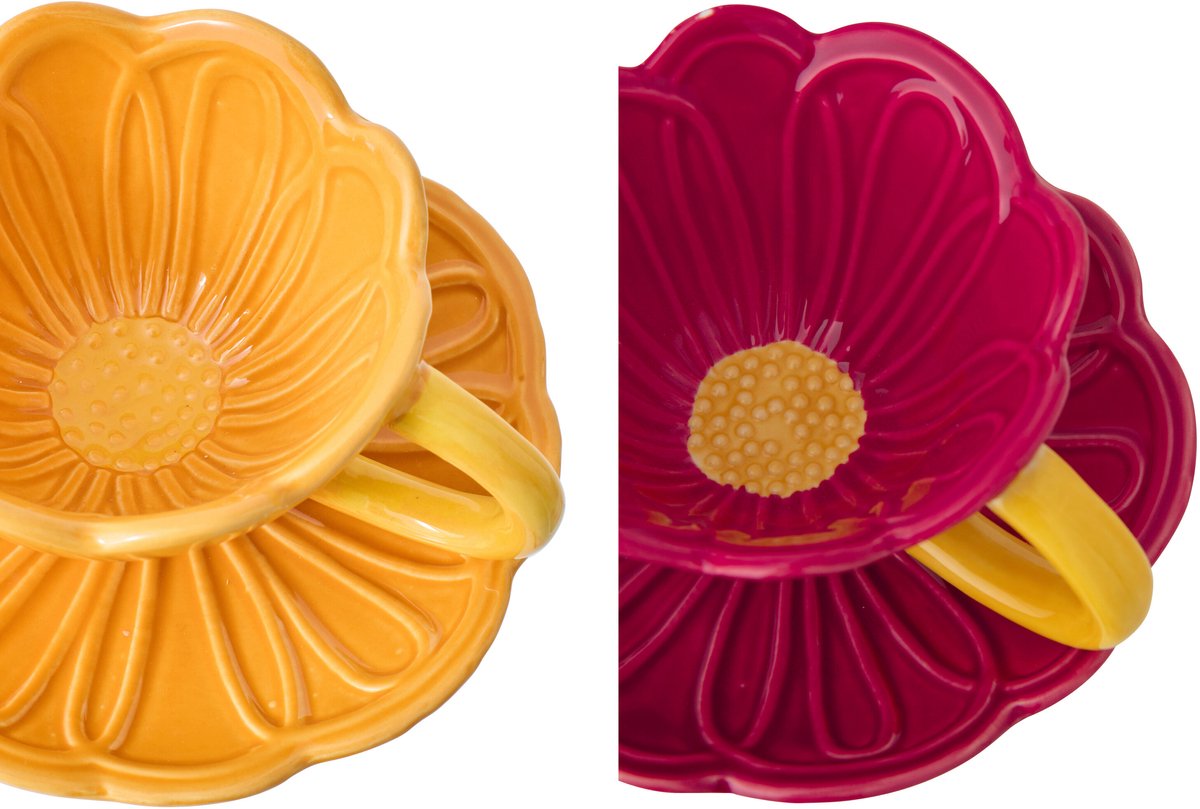 J-Line kopje en schotel Bloem - porselein - donkerrood/warmgeel - set van 2