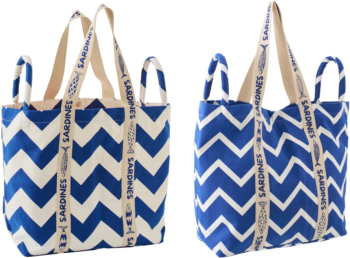 J-Line strandtas Ola Amor - katoen - wit/donkerblauw - set van 2