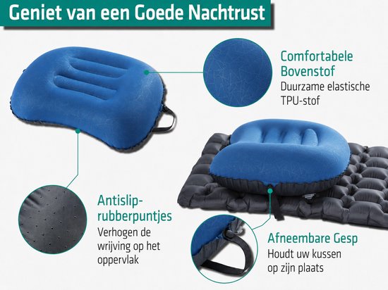 Opblaasbaar Reiskussen - Kampeer Kussen - Lichtgewicht Nekkussen - Compact Hoofdkussen met Draagtas - Donkerblauw — afbeelding 3