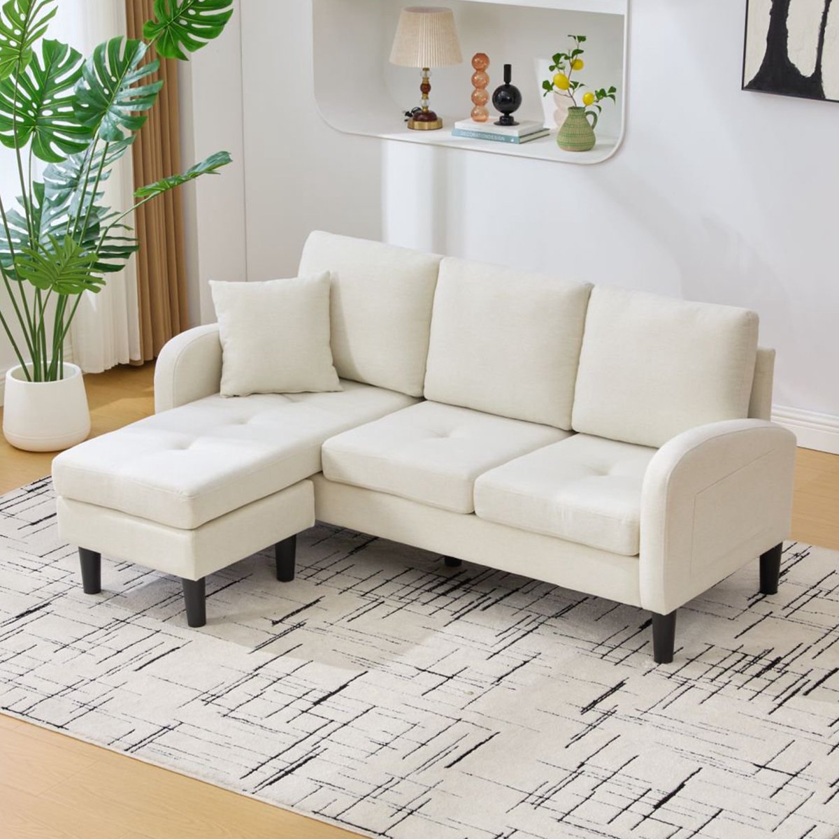 Wishdor - Hoekbank Met Chaise Longue - Modulair - 3-Zits - Voor Woonkamer - Katoen-Linnen