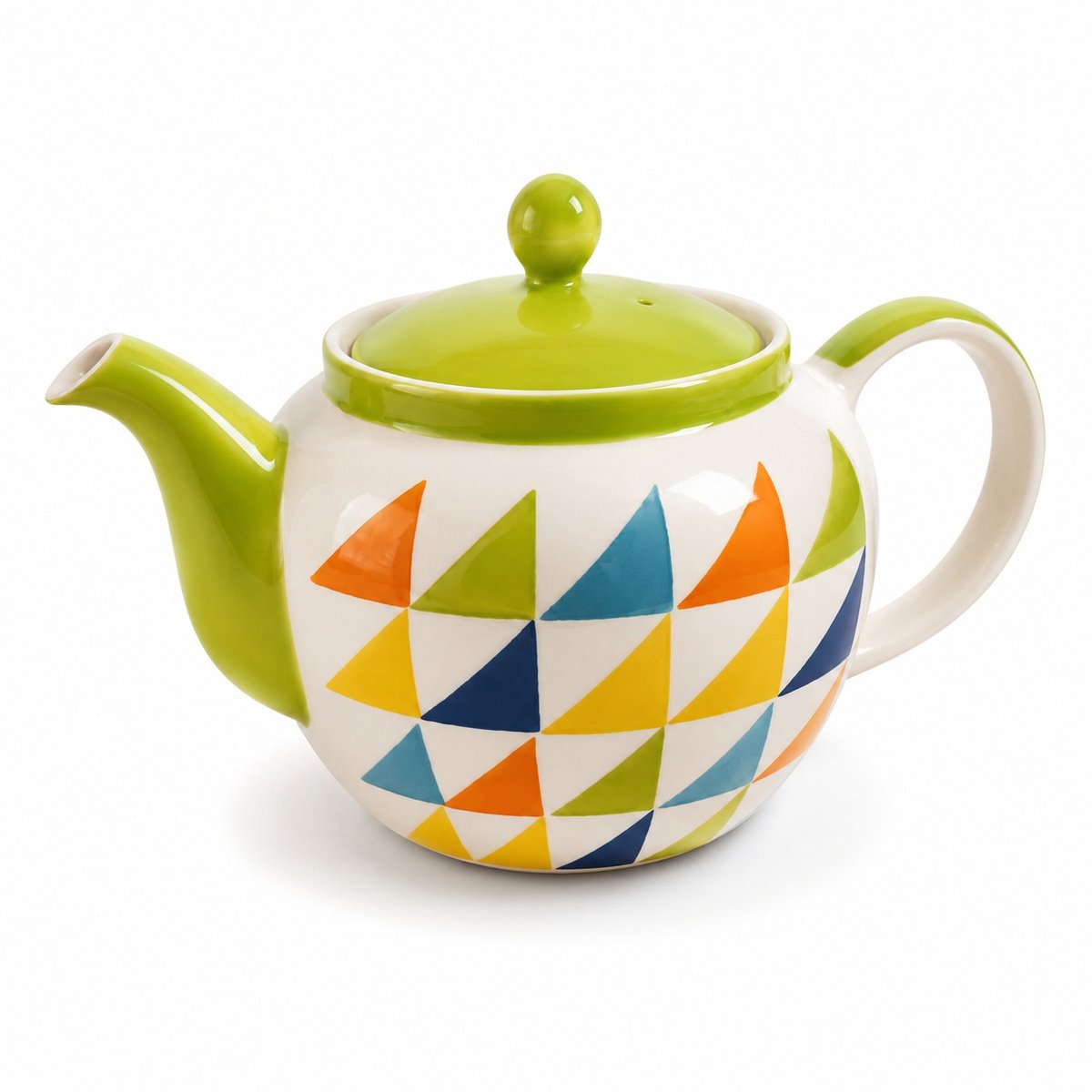 Theepot Viva Verde 1000 ml – handgeschilderde keramieken theepot met kleurrijk driehoekmotief