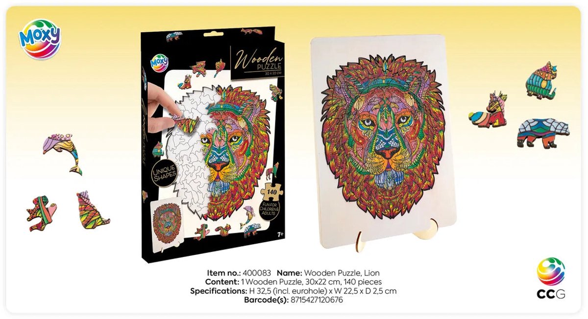 Houten Puzzel 6pcs - Dierenpuzzels voor Kinderen en Volwassenen - Olifant, Uil, Leeuw, Eenhoorn, Schildpad, Tijger - Unieke Puzzelstukjes - Ideaal Cadeau — afbeelding 4