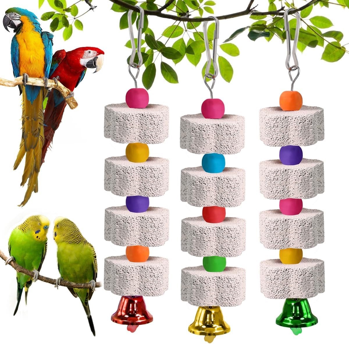 Drie vogelkauwspeeltjes met bel, mineralensteen en slijpsteen voor papegaaien en parkieten