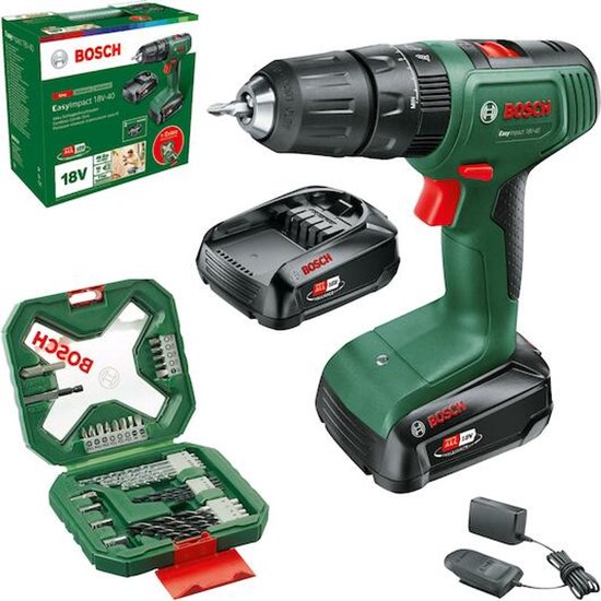 Bosch EasyImpact 18V-40 klopboormachine in groen met zwarte details, inclusief accu, lader en accessoirekoffer met boortjes.