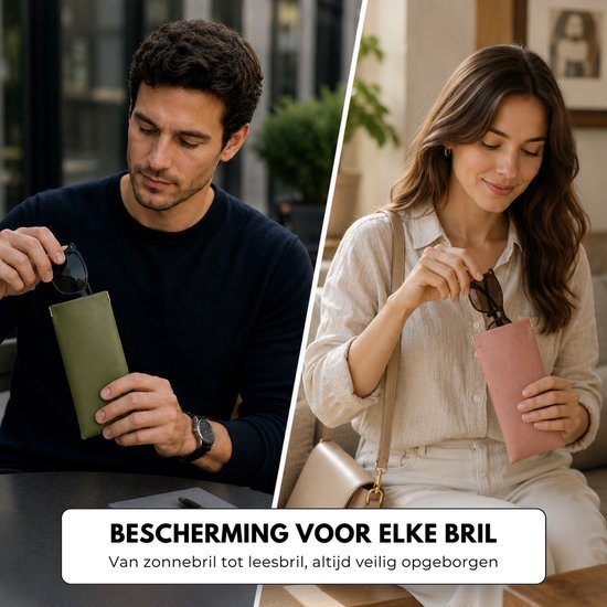Man en vrouw gebruiken olijfgroene en roze brillenkokers voor hun brillen.