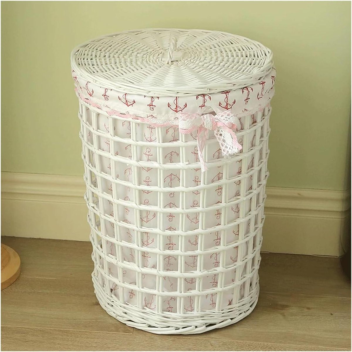 Opbergmand Rotan - Wasmand Deksel - Kleding Opbergen - Uitneembare Binnenzak - 35x38cm - Wit