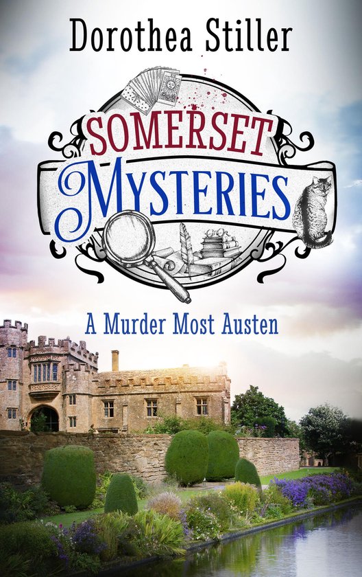 Couverture de livre avec le titre 'Somerset Mysteries - A Murder Most Austen', un château, un chat et une loupe.