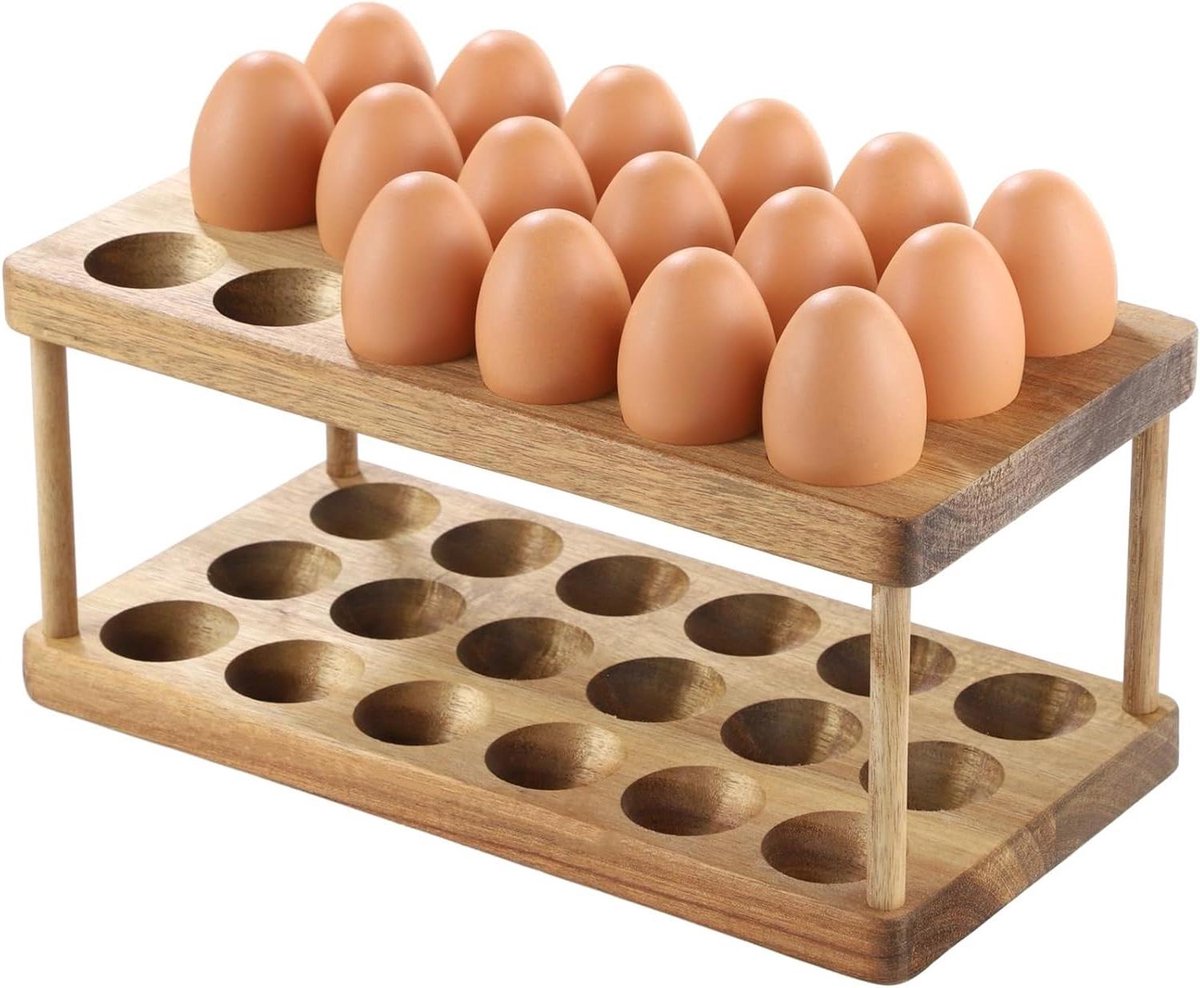Houten eierlade - Eierrek - Keuken organiseren - Twee niveaus - 36 eieren - Natuurlijk