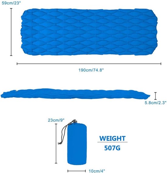Opblaasbare Slaapmat - Kampeermat Lichtgewicht - Outdoor Reizen - Compact Opvouwbaar - 190 x 59 cm - Blauw — afbeelding 5