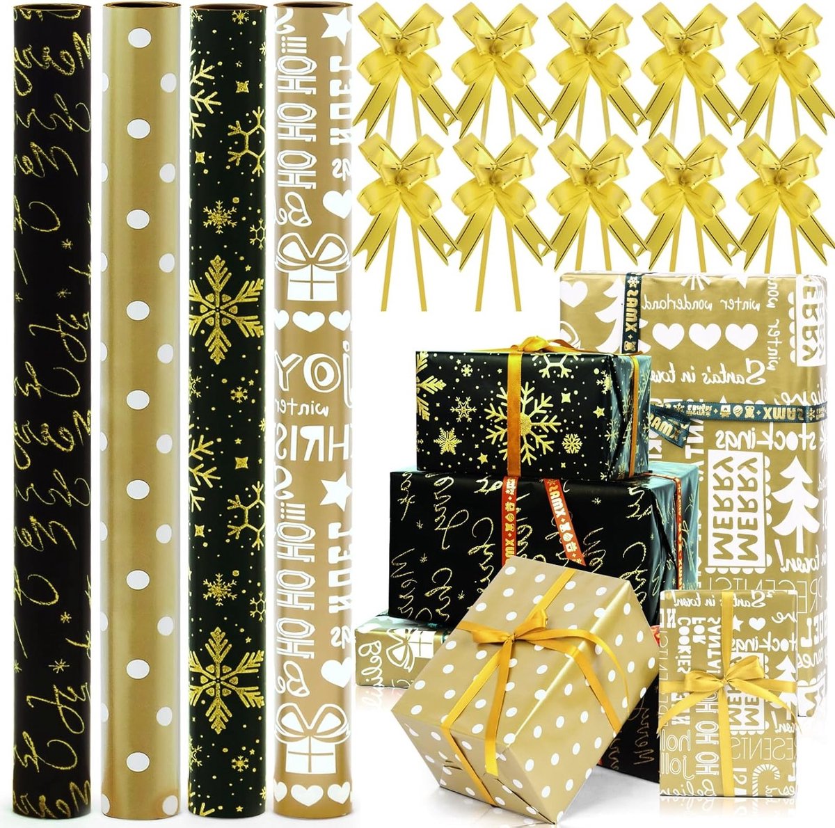Set van 4 Rollen Metallic Cadeaupapier, 43cm x 3m, Perfect voor Verjaardagen, Bruiloften en Feestdagen met 10 Ribbons