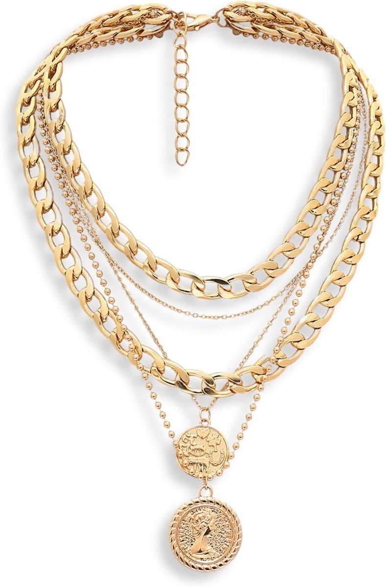 Gelaagde ketting met metalen muntbedels, piratenhalsketting voor vrouwen, feestelijke gouden ketting voor carnaval en kostuums