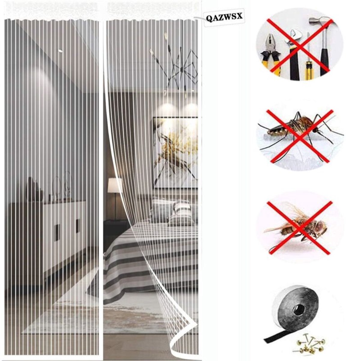 Duurzaam magnetisch muggennet, geschikt voor geschikt voordeuren, magnetische sluiting, verdikt scheurvast gaas, geschikt voorkomt effectief muggenbeten, wit - Gordijnmaat: 120 x 220 cm