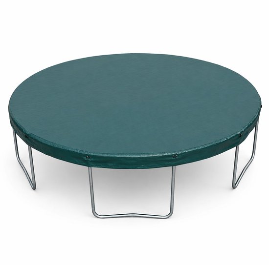 Ronde groene trampolinehoes op een trampoline met metalen frame, op een witte achtergrond.