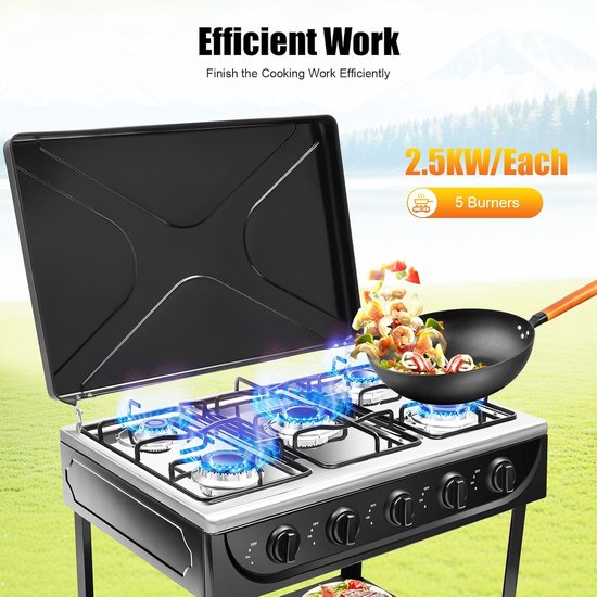 Draagbaar Gasfornuis - Kampeerfornuis - Buiten Koken - Vijf Branders - 64 cm Hoog - Zwart van Draagbaar — afbeelding 5