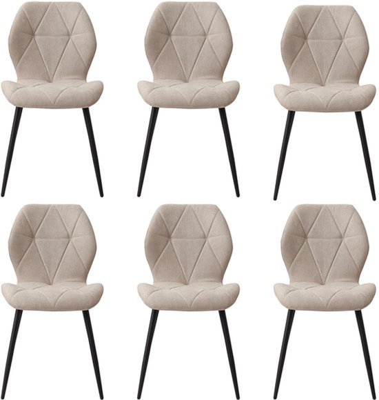 Six chaises de salle à manger beiges à motif losange avec pieds noirs en métal.