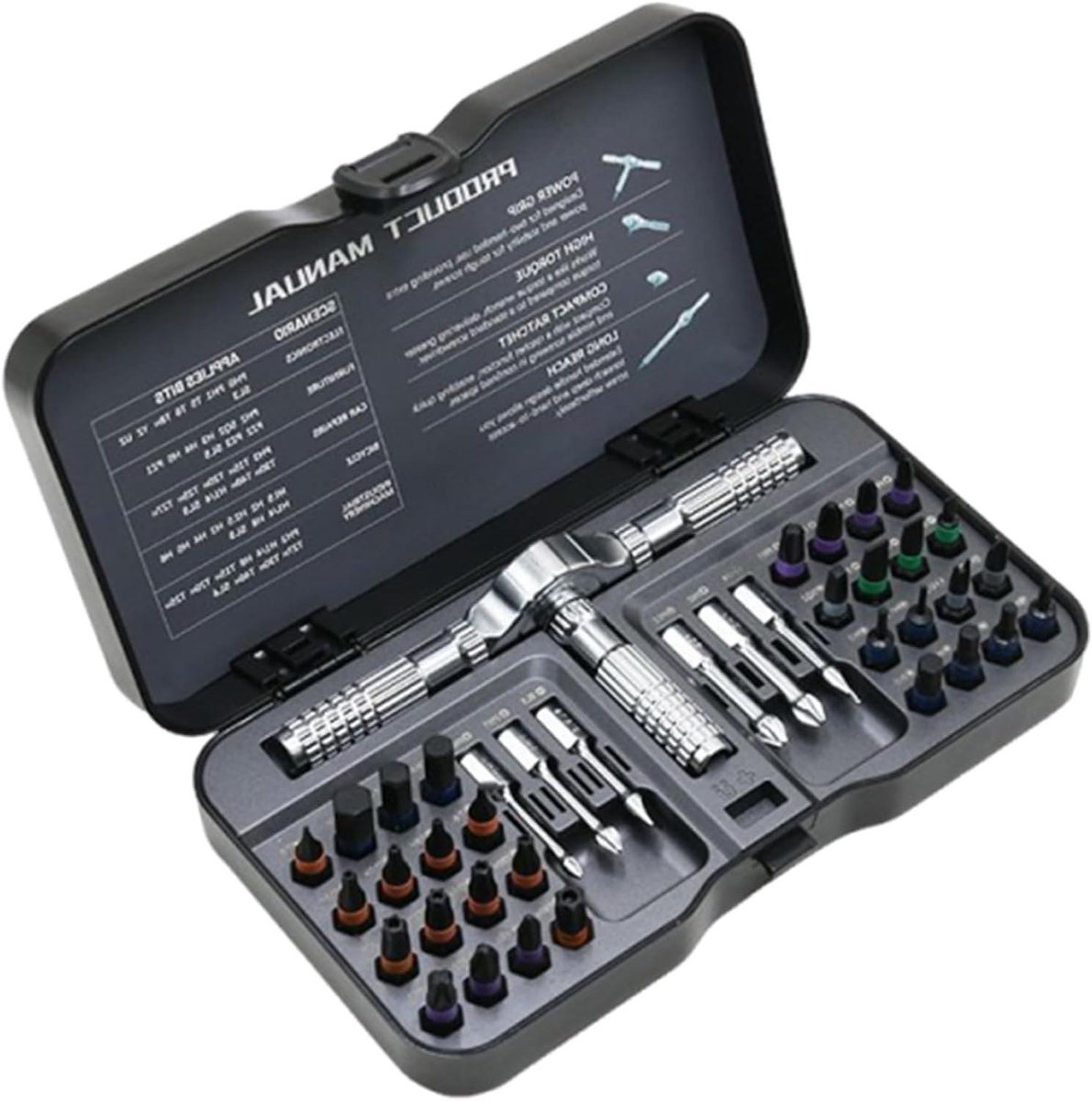 Ratelschroevendraaier Set - Reparatieset Handgereedschap - Precisie Klussen Uitvoeren - 40-in-1 Functionaliteit - 181 x 98 x 36 mm - Grijs