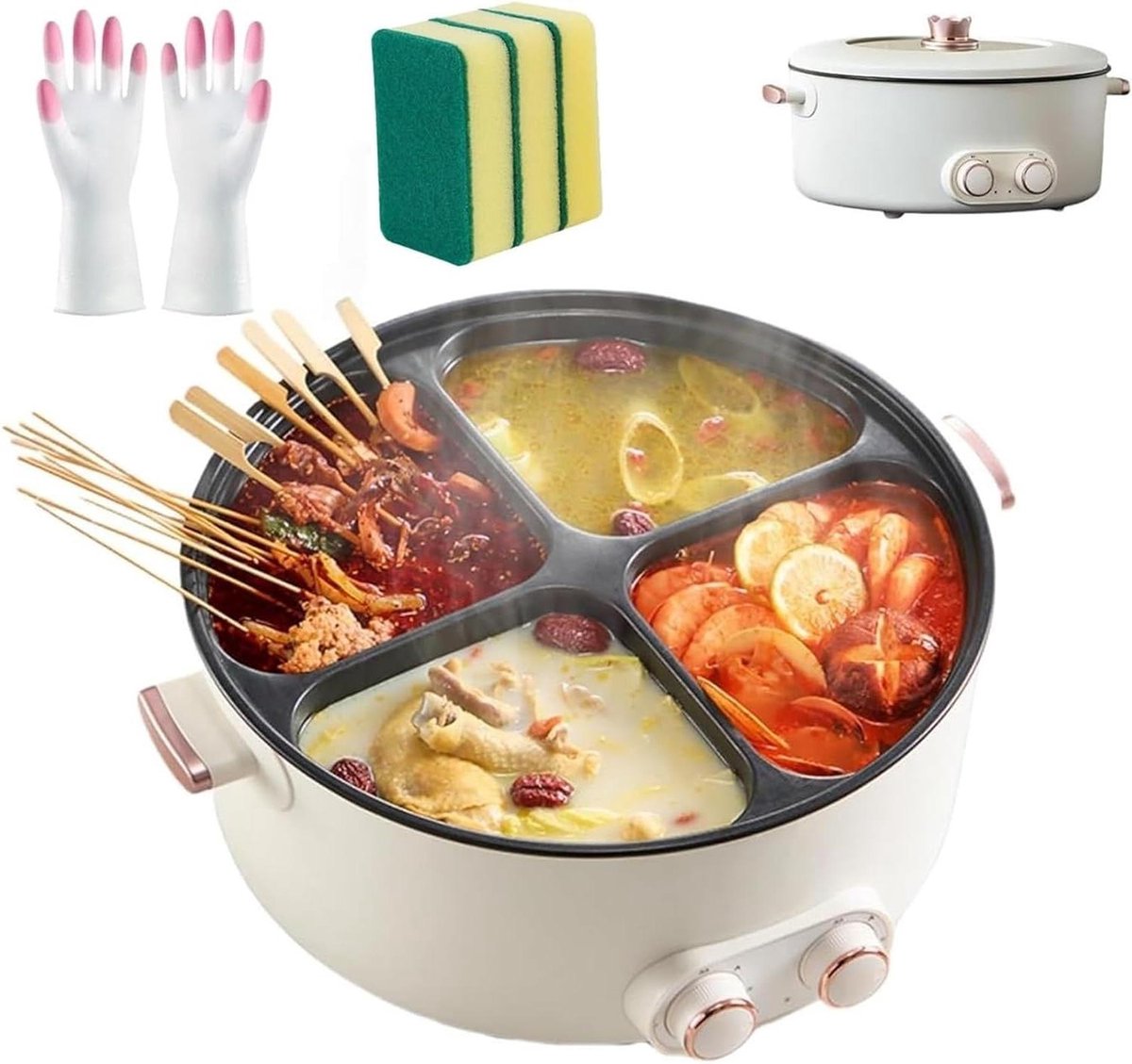 Elektrische Hete Pot - Multi-compartiment Kookpot - Gezamenlijk Koken - 4 Smaken Tegelijk - 6L Capaciteit - Zilver