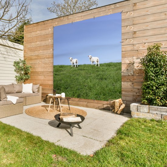 Tuinposter 200x200 cm - Tuindecoratie Twee lammetjes die zich op een grasdijk bevinden - Poster voor in de tuin - Buiten decoratie - Schutting tuinschilderij - Tuindoek muurdecoratie - Wanddecoratie balkondoek