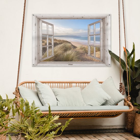 Tuinposter doorkijk raam - Tuindecoratie strand en zee - 120x80 cm - Tuinschilderij voor buiten natuur - Tuindoek duinen - Wanddecoratie tuin - Schuttingdoek - Balkon decoratie - Muurdecoratie - Buitenposter