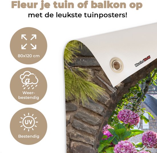 Tuinposter poort - Doorkijk - Hortensia - Bloemen - Natuur - Huis - Zomer - Tuindoek - Tuin - Schuttingdoek - 80x120 cm - Schutting decoratie - Tuindecoratie - Tuinschilderij voor buiten - Buitenposter