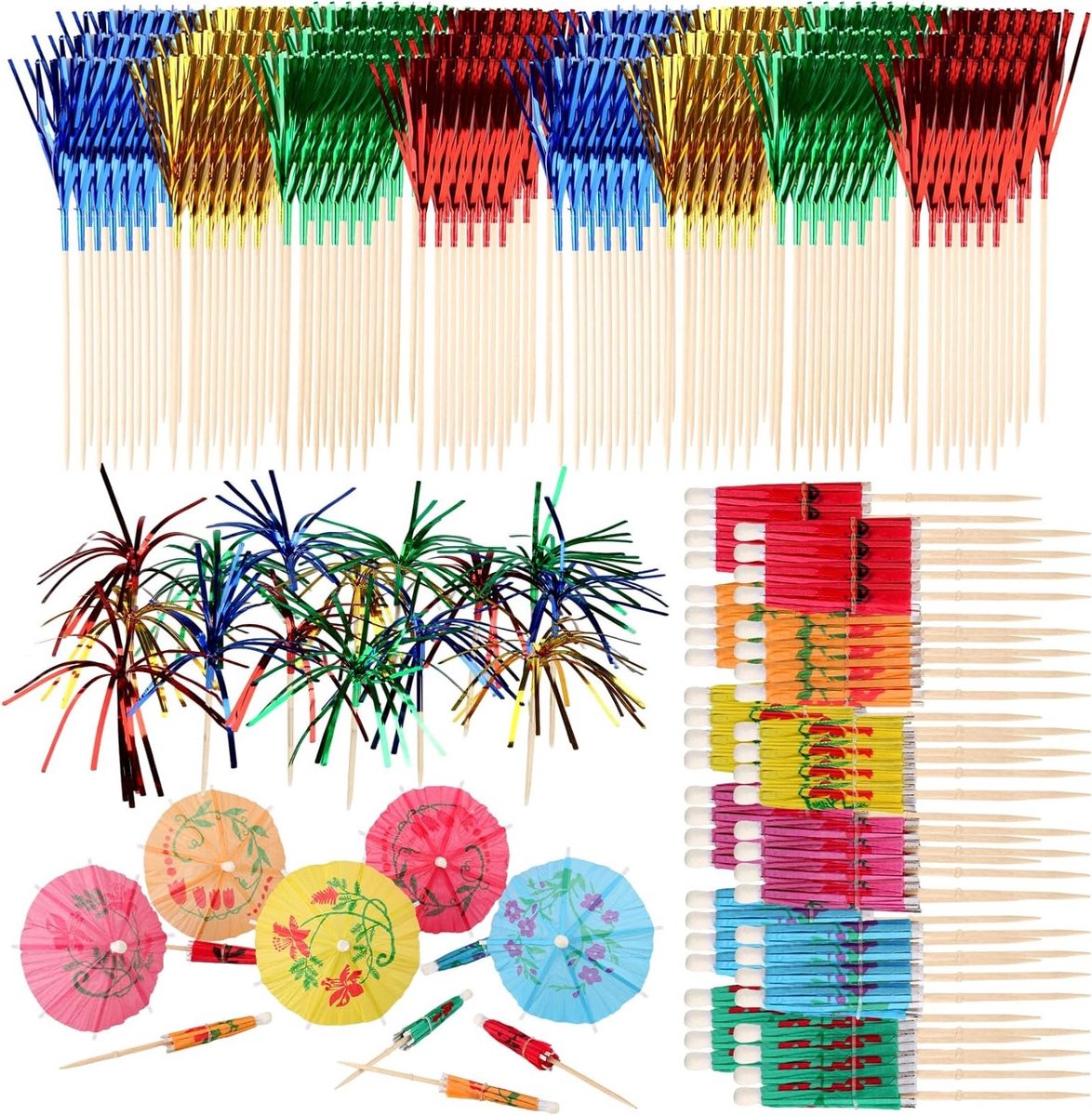 200 Stuks Cocktaildecoratie, Cocktailaccessoires, Feestelijke Papieren Paraplu's en Vuurwerk voor Verjaardagen en Bruiloften