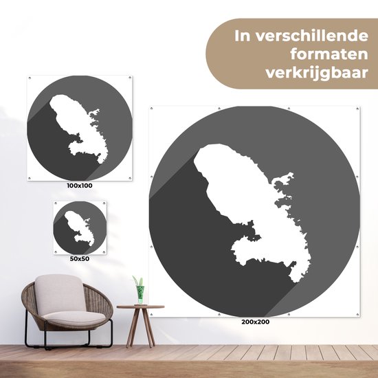 Tuinposter 100x100 cm - Tuindecoratie Een donkerblauwe illustratie van het Franse Martinique - zwart wit - Poster voor in de tuin - Buiten decoratie - Schutting tuinschilderij - Tuindoek muurdecoratie - Wanddecoratie balkondoek