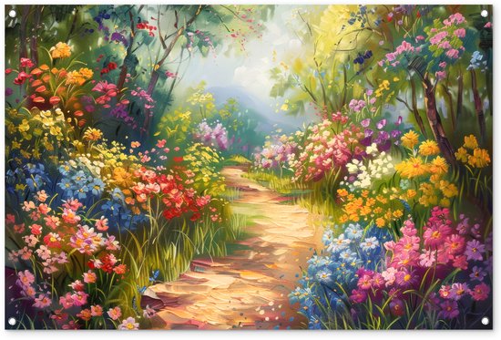 Tuinposter 120x80 cm - Tuindecoratie Natuur - Landschap - Bloemen - Kleurrijk - Poster voor in de tuin - Buiten decoratie - Schutting tuinschilderij - Tuindoek muurdecoratie - Wanddecoratie balkondoek