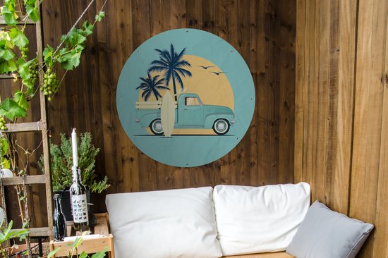 Garden Circle Car - Soleil - Planche de Surf - Dessin - 90x90 cm - Affiche Ronde de Jardin - Extérieur