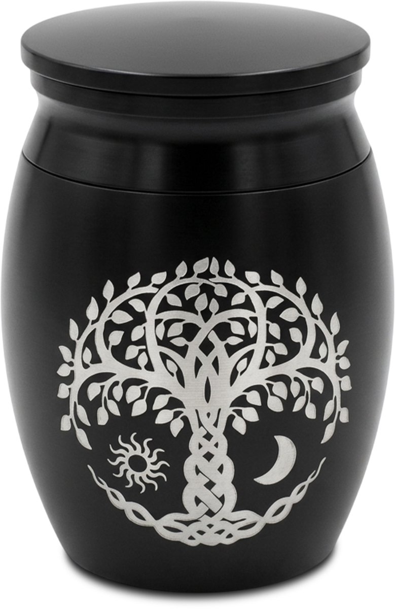 Akerz Mini Urn Levensboom Zwart – Herinneringsurn voor As – Aluminium – Inclusief Beschermzakje – Schroefdeksel – 4 cm