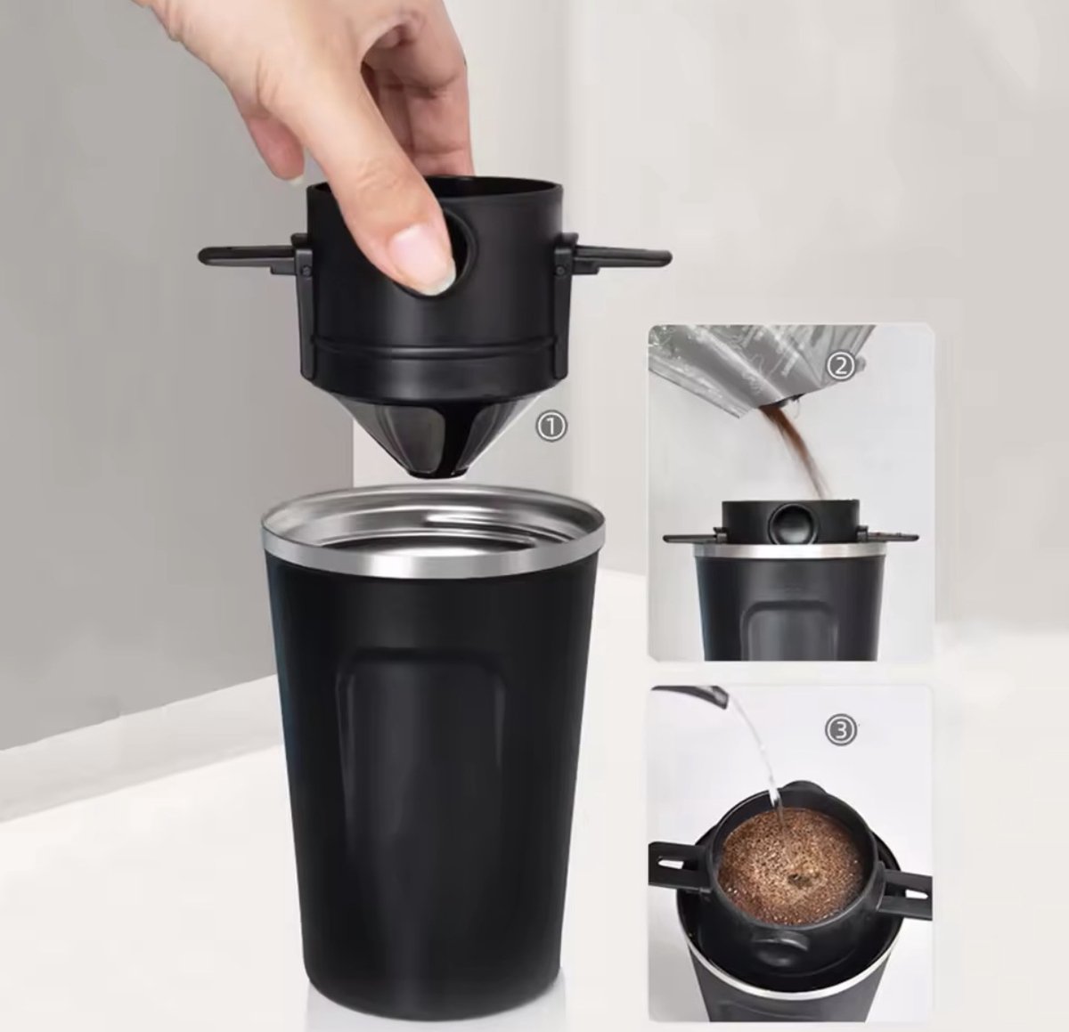 Koffiefilter | Koffiefilterhouder | Rvs Koffiefilter | Herbruikbaar | Koffie Dripper | Papierloos Giet Over Koffiedruppelaar | Geschikt Voor Handmatige Bereiding Van Permanente Koffie | Geschikt Voor Thuiskantoor, Reizen, Kamperen | Zwart — cadeau in Kookcadeaus - foto 5