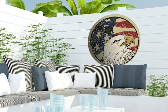 Cercle de jardin dessin de la tête d'un pygargue à tête blanche avec le drapeau américain - 60x60 cm - Affiche de jardin ronde - Extérieur