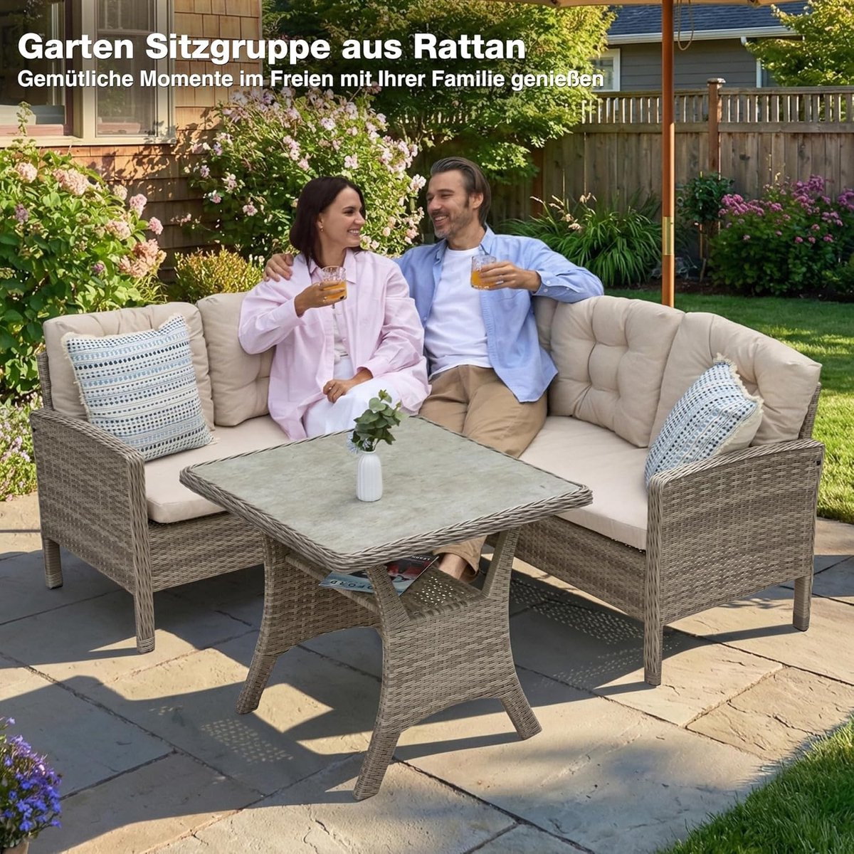 Tuin loungeset 5 personen 98x66x47 cm – Rotan hoekbank met eettafel, waterafstotende kussens, weerbestendig balkon & tuinmeubel beige – Luxe Comfort Dining Set – Nicolehome