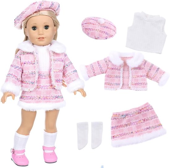 Poppenkleding Winter Outfit - Tweed Pak Baret - Poppen Aankleden - Vijf Delige Set - 18 inch Pop - Roze van Merkloos — afbeelding 5