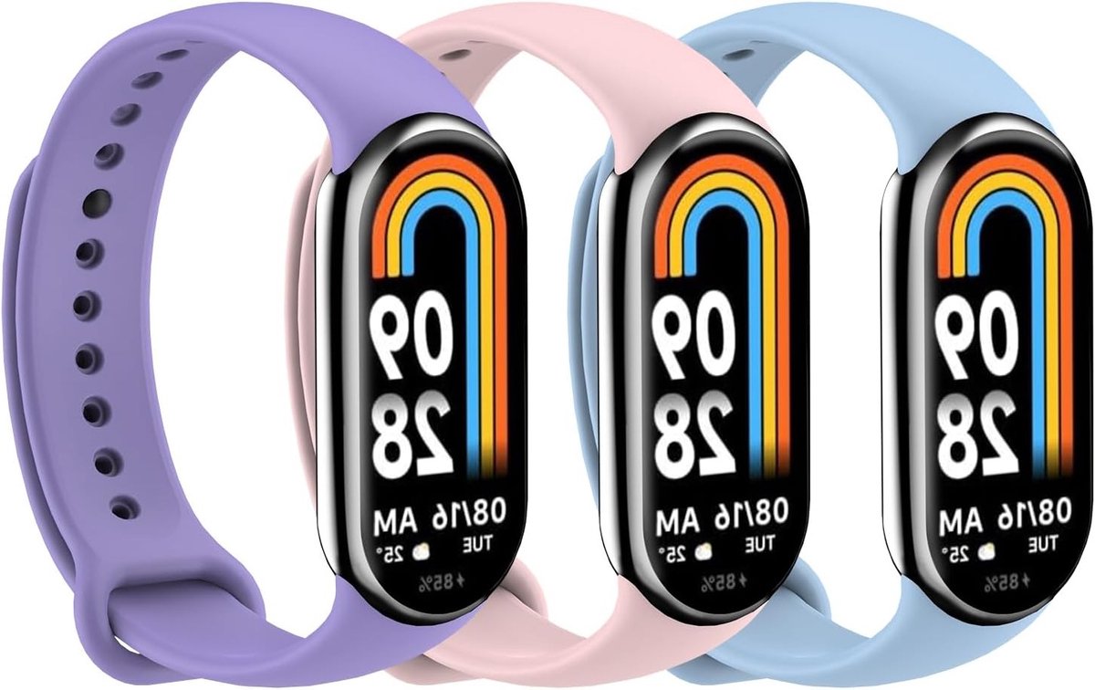 3-Pack Vervangende Armbanden voor Xiaomi Mi Band 9 en 8, Zachte TPU Horlogebanden in Lavendel, Turquoise Blauw en Roze