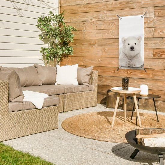 Tuinposter 30x60 cm - Tuindecoratie IJsbeer - Dieren - Kinderen - Wit - Jongens - Meisjes - Poster voor in de tuin - Buiten decoratie - Schutting tuinschilderij - Tuindoek muurdecoratie - Wanddecoratie balkondoek