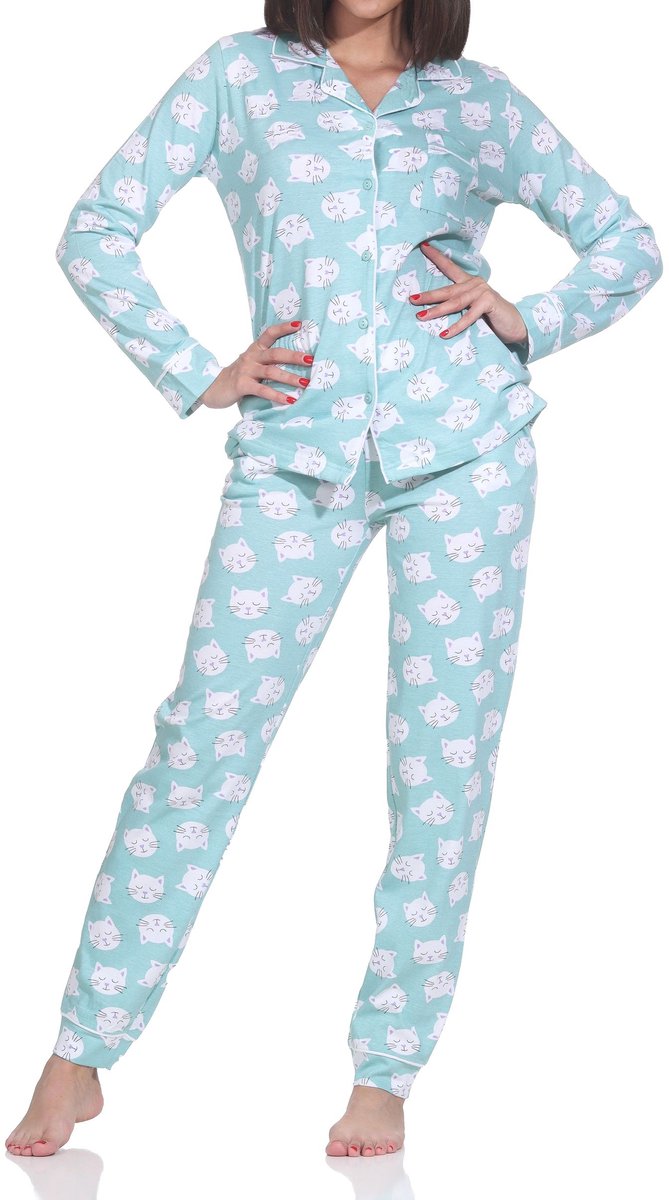 Normann dames jersey pyjama lange mouw knoopsluiting - ook in grote maten türkis