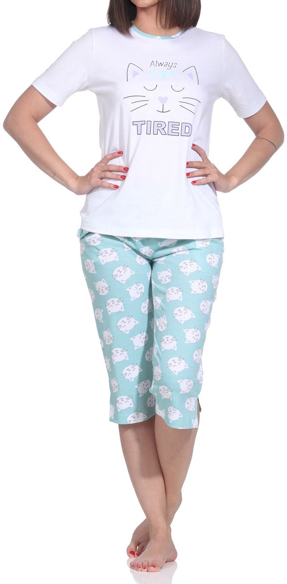 Normann dames pyjama met korte mouwen en capribroek pyjama met hart- en kattenmotief türkis