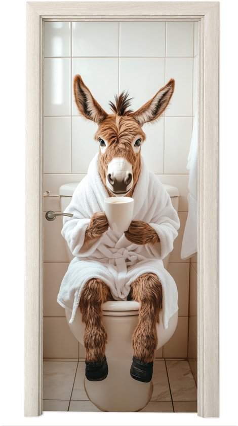 Deurposter 90x215 cm - Deursticker Ezel - WC - Grappig - Badjas - Dier - Meubelfolie zelfklevend - Deurfolie woonkamer - Interieurfolie badkamer - Kamer decoratie - Decoratieve accessoires - Toilet deur plakfolie - Muursticker