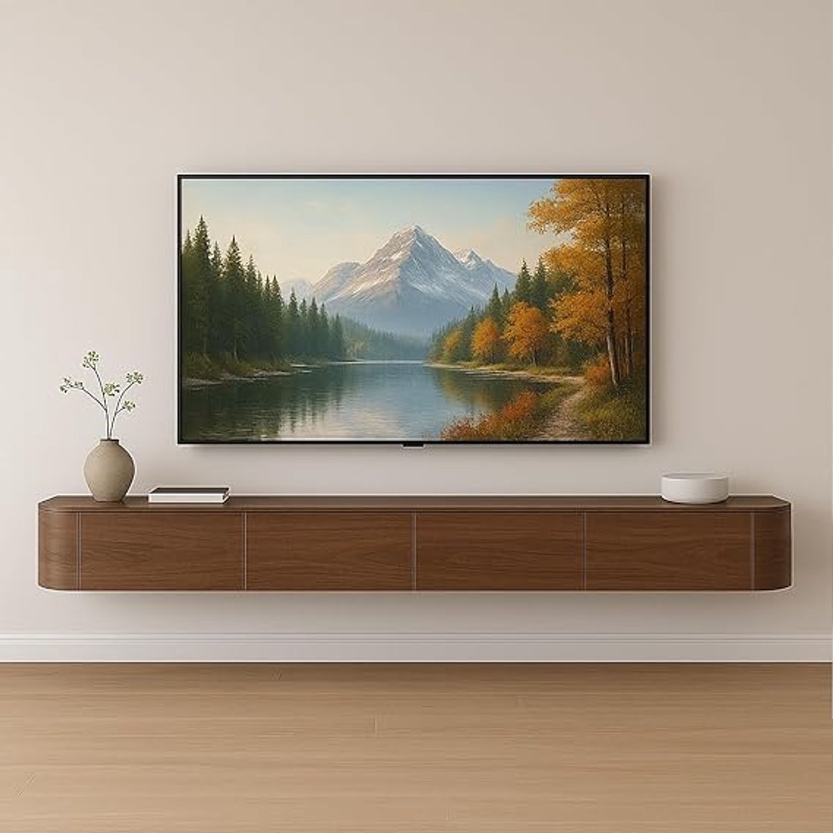 Zwevend Massief Houten TV-Meubel met LED Verlichting en Opbergruimte 160x30x20 cm – Wandgemonteerde Media Wandkast met Kabelmanagement en Lades – Bruin (met licht)