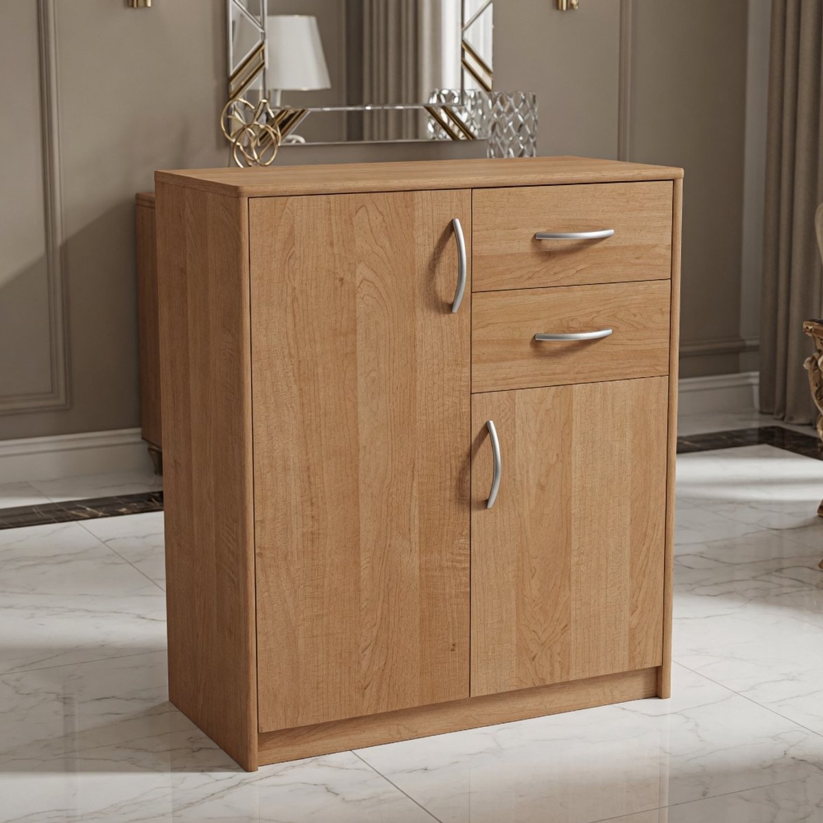 Moderne Commode Dressoir met 2 Lades en 2 Deuren – 85x74x35 cm Opbergkast voor Slaapkamer, Woonkamer of Hal – Eiken Look Compact Design – Mobili Bella Elzenhout Kast