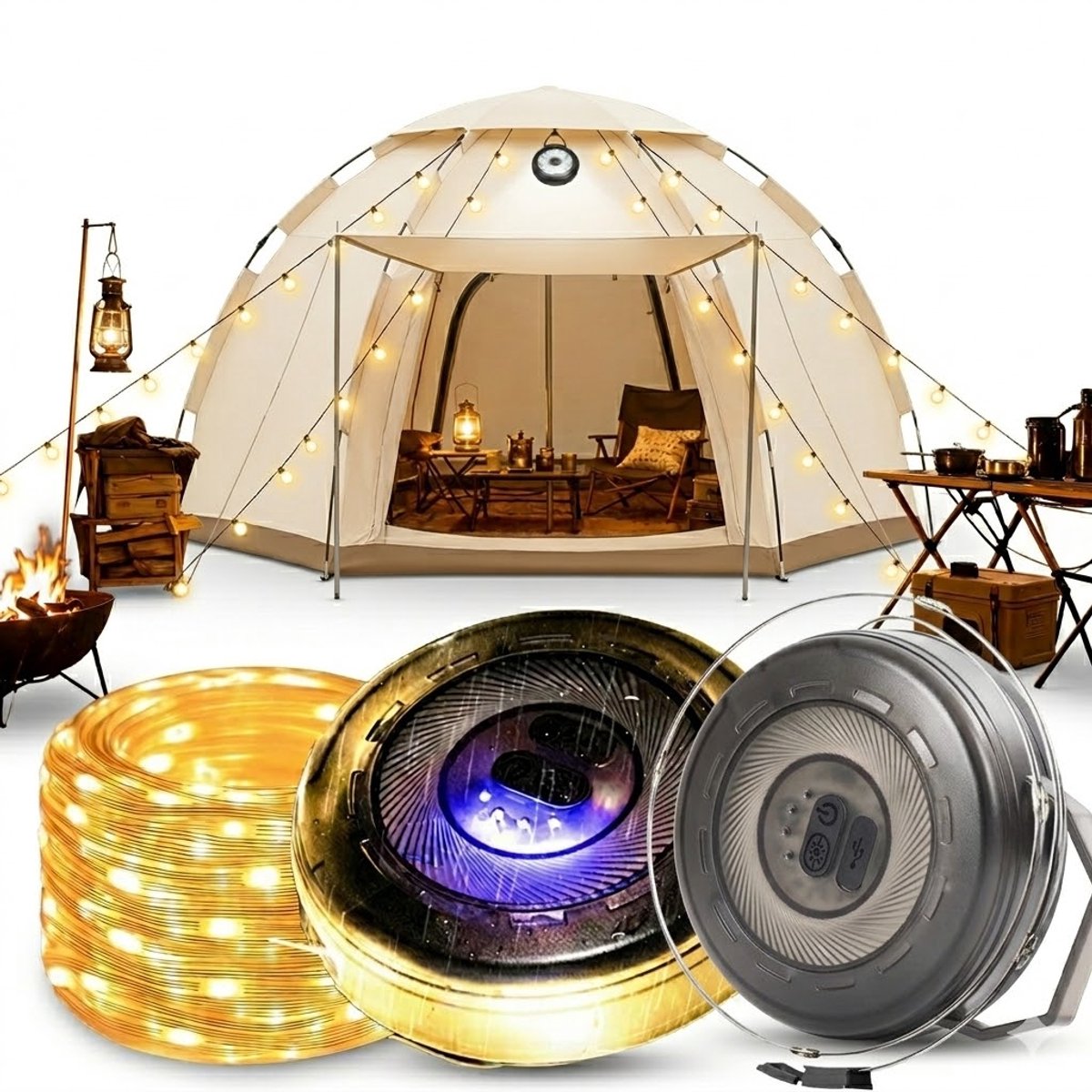 Camping Lamp met 10M Lichtsnoer – 6 Lichtstanden – Oprolbaar & Oplaadbaar – LED Tentlamp met SOS Functie – Waterdicht IPX4 – Voor Kamperen & Outdoor
