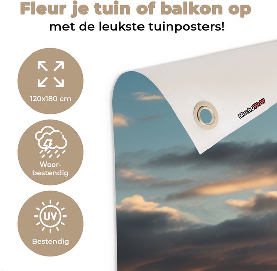 Tuinposter 120x180 cm - Tuindecoratie Strand - Zonsondergang - Duinen - Zee - Zand - Poster voor in de tuin - Buiten decoratie - Schutting tuinschilderij - Tuindoek muurdecoratie - Wanddecoratie balkondoek