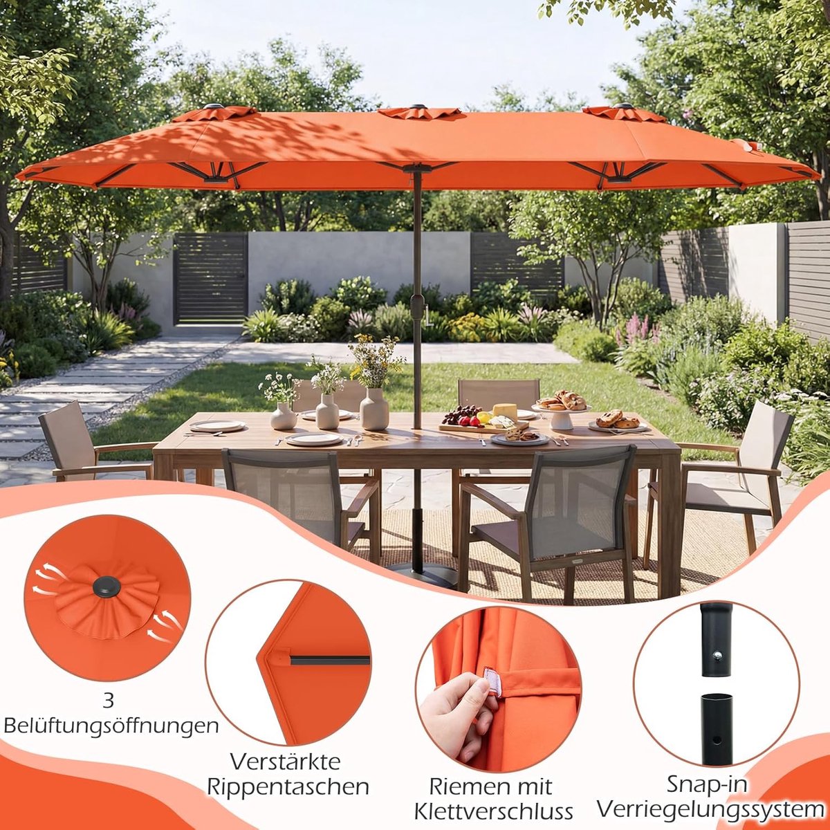 Dubbele Tuinparasol XXL 400x200 cm – Met Verzwaarbare Standaard, UPF 50+ UV-Bescherming, Zwenkmechanisme met Zwengel, Windbestendig & Waterafstotend – Ovale Terrasparasol Oranje – Nicolehome