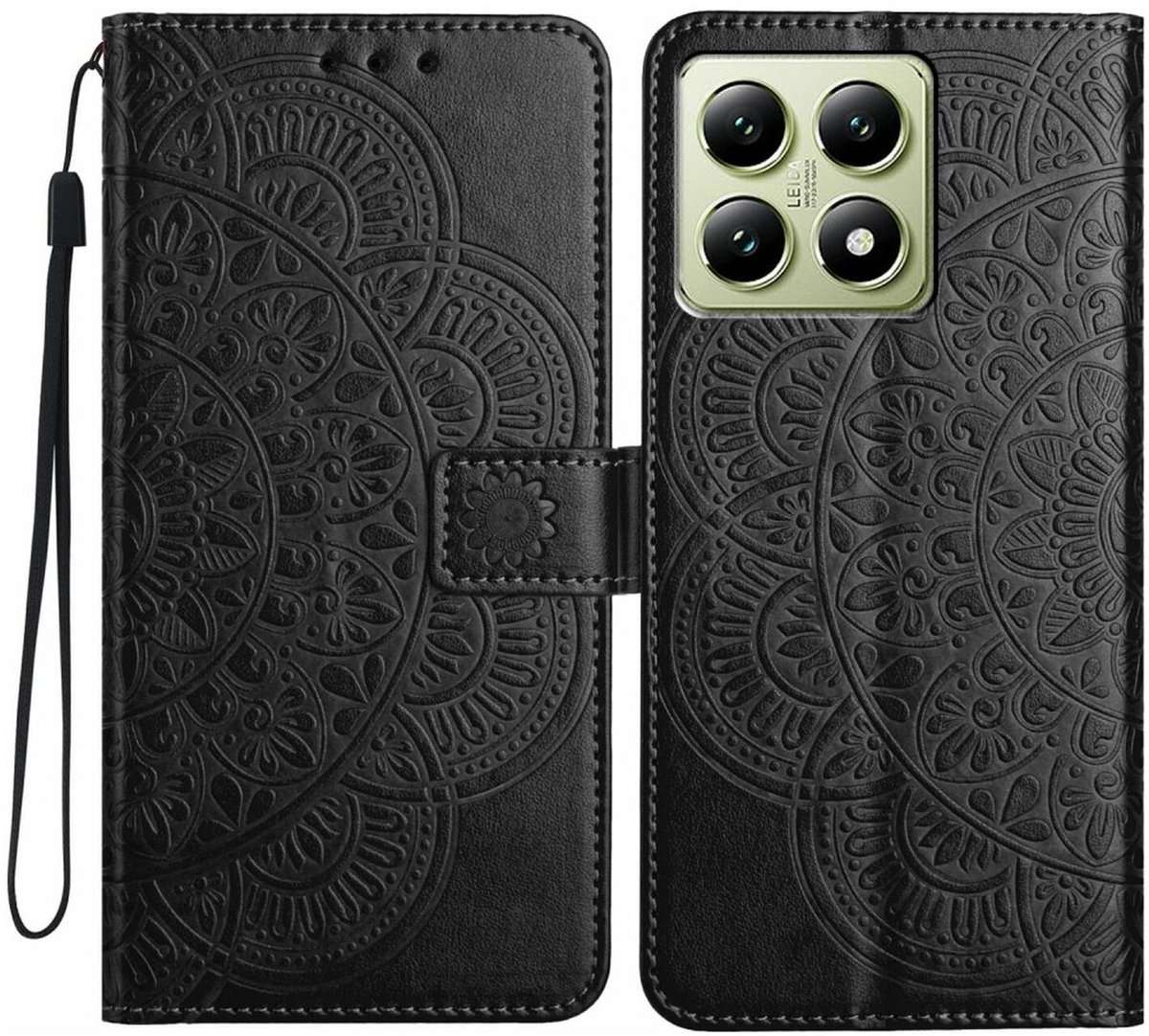 Mandala Book Case Geschikt voor Xiaomi 15T - Hoesje met Pasjeshouder Zwart