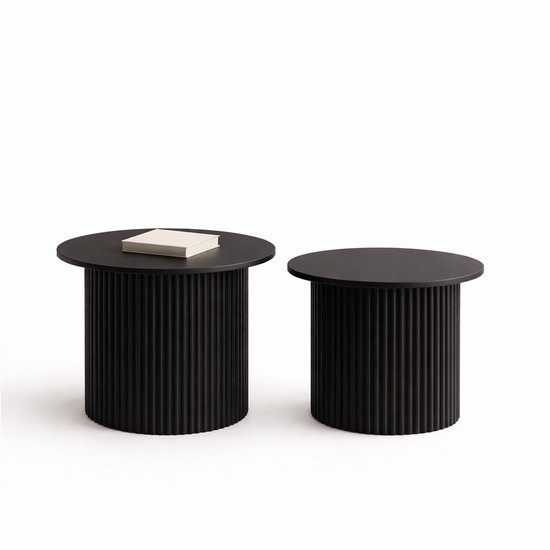 Tables d'Appoint Japandi Set de 2 – Tables Noires Cannelées – Design Moderne – MDF