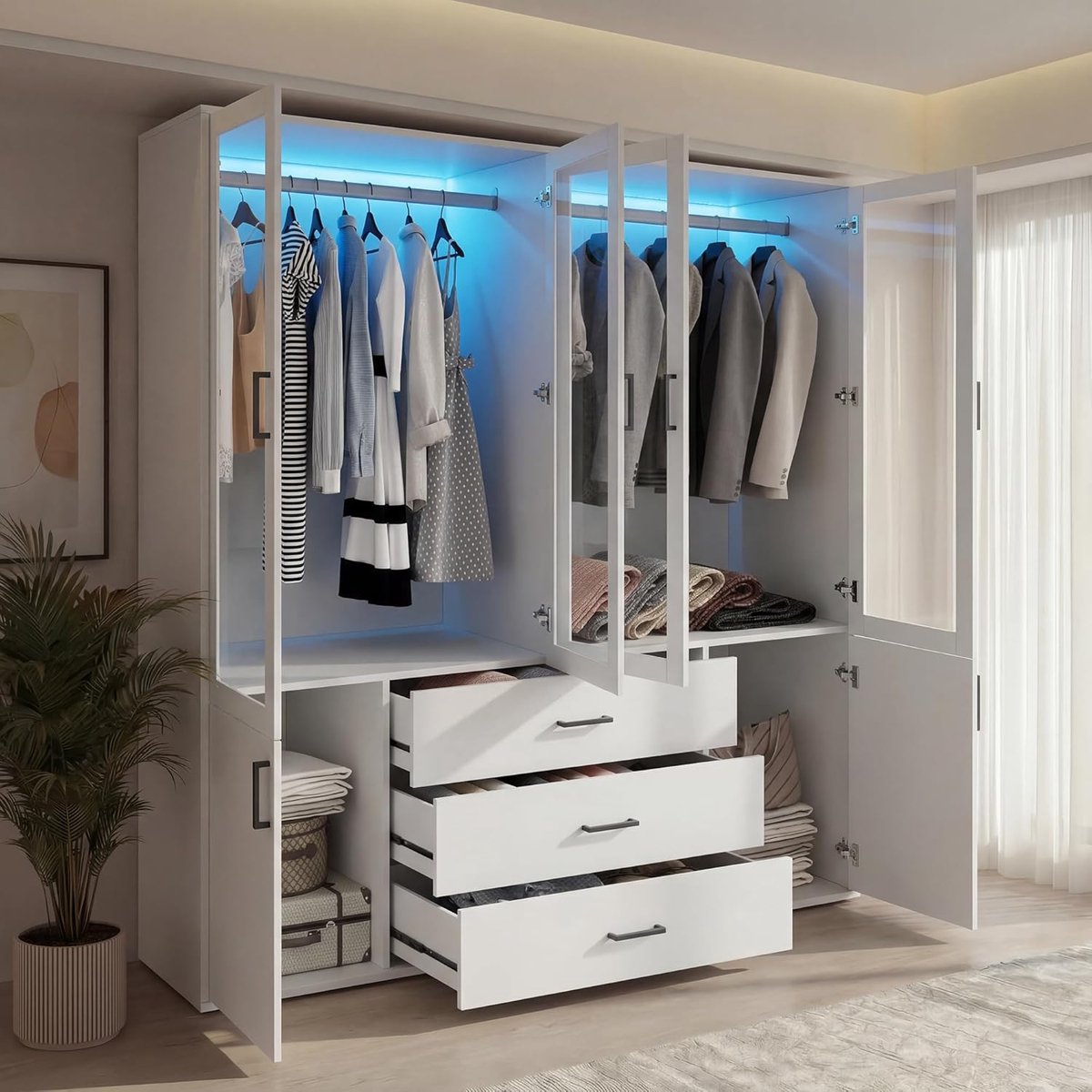 Kledingkast met Glasdeuren en LED Verlichting 182 x 160 x 52 cm - 4 Deuren, 3 Laden, Kledingstangen, Grote Opbergkast voor Slaapkamer en Hal, Moderne Witte Garderobekast - Vermissen