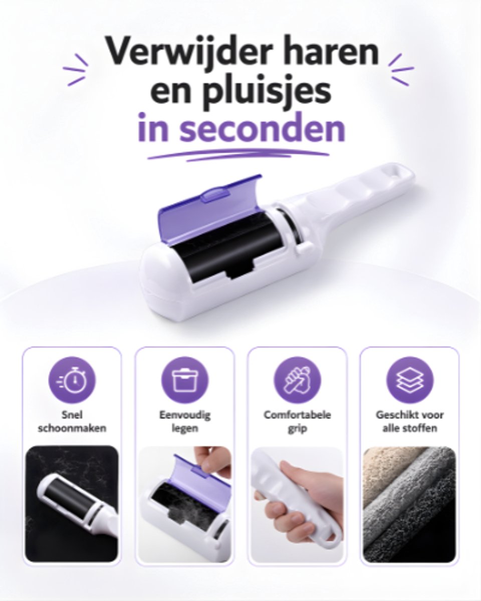Pluizenroller - Harenverwijderaar - Ontpluizer - Herbruikbaar - Verwijdert huisdierharen en pluizen - Voor kleding & meubels - Opvangbak - Kledingroller - Meubelroller