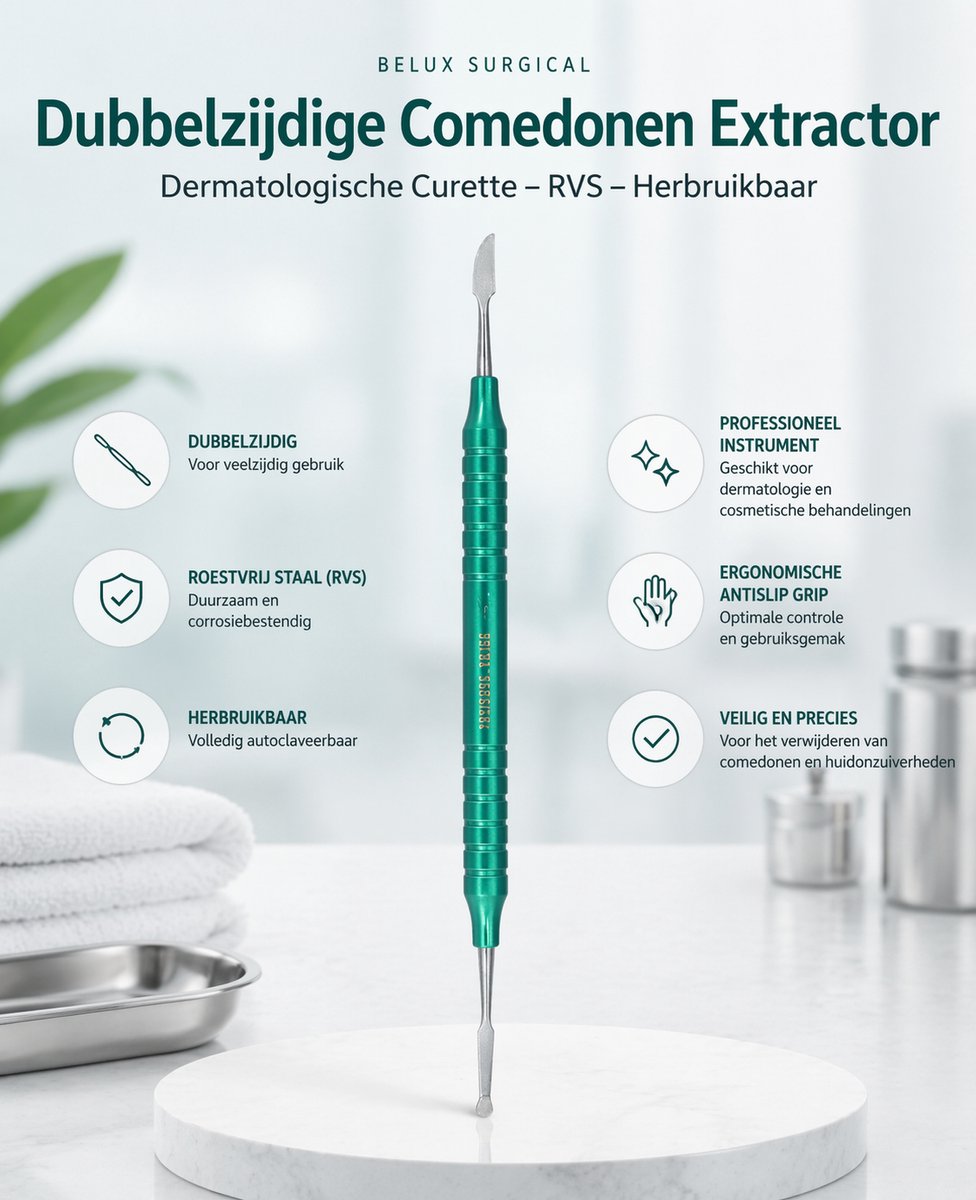 Belux Surgical Instruments Dubbelzijdige Comedonen Extractor / Dermatologische Curette – RVS – Herbruikbaar – Professioneel Instrument