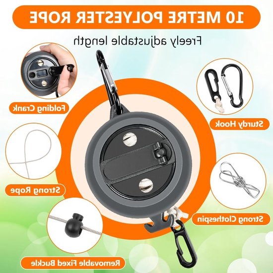 Retractable Reel Kledinglijn 10m - Draagbare, Inklapbare Kledinglijn met 10 Verstelbare Haken en 20 Wasknijpers voor Binnen en Buiten Gebruik tijdens Kamperen en Reizen van Merkloos — afbeelding 2